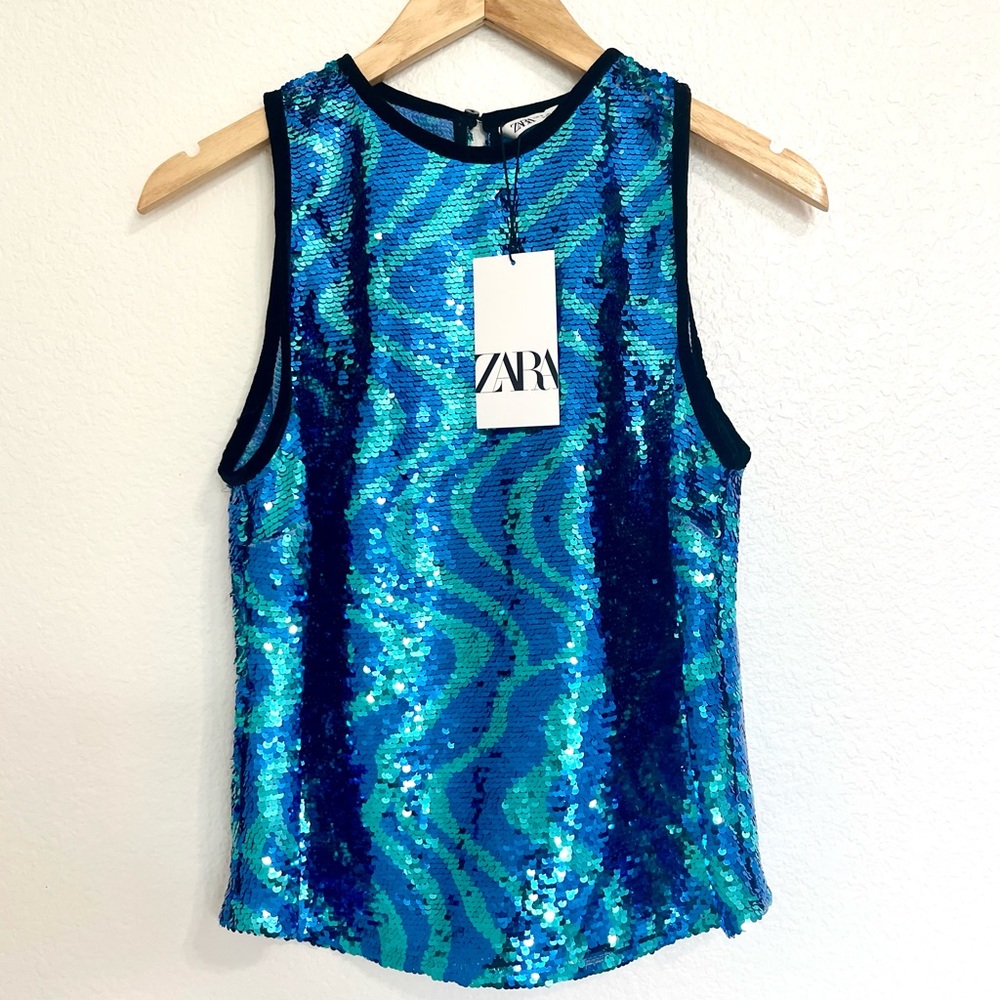 Zara NWT Sequin Blue Mermaid Tank Blouse, Size Small